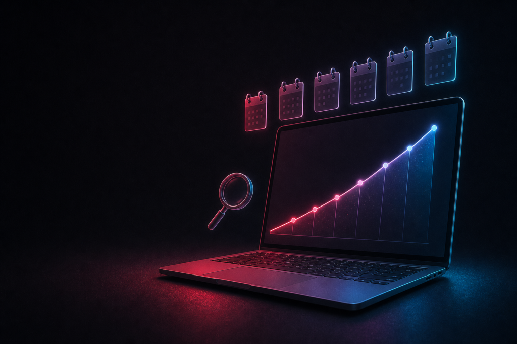Графика с растящ трафик и стрелка нагоре над лаптоп – SEO през първите 6 месеца