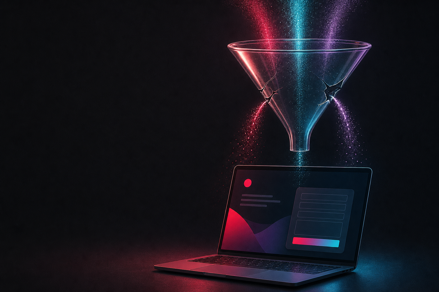 Лаптоп с празна форма за контакт и фуния, от която изтичат светлинни частици – защо сайтът не носи запитвания